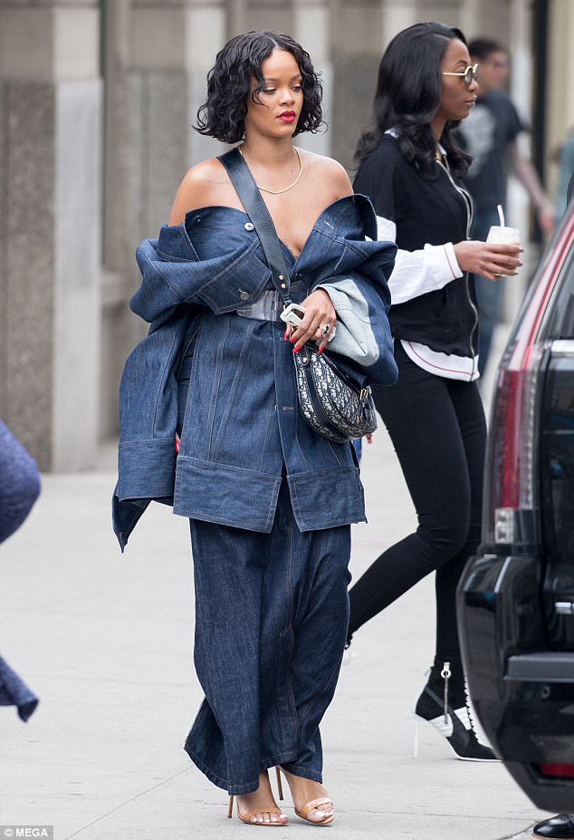 Double denim diva! Braless Rihanna wears outrageous oversize jean jacket and skirt in New York