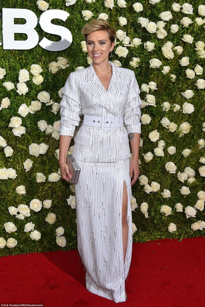 Scarlett Johansson looks super chic in striped suit at the Tony Awards